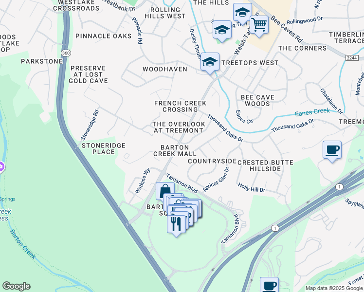 map of restaurants, bars, coffee shops, grocery stores, and more near 1913 Stoneridge Road in Austin