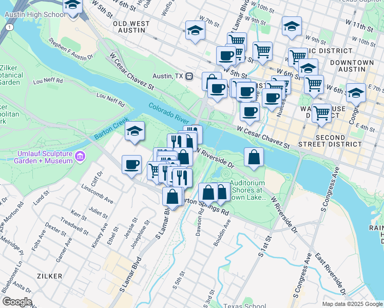 map of restaurants, bars, coffee shops, grocery stores, and more near 211 South Lamar Boulevard in Austin