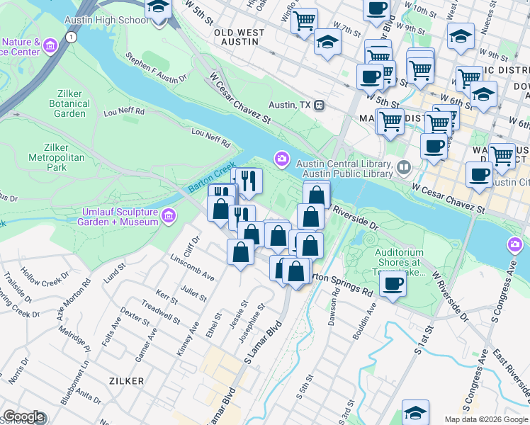 map of restaurants, bars, coffee shops, grocery stores, and more near 1617 Toomey Road in Austin