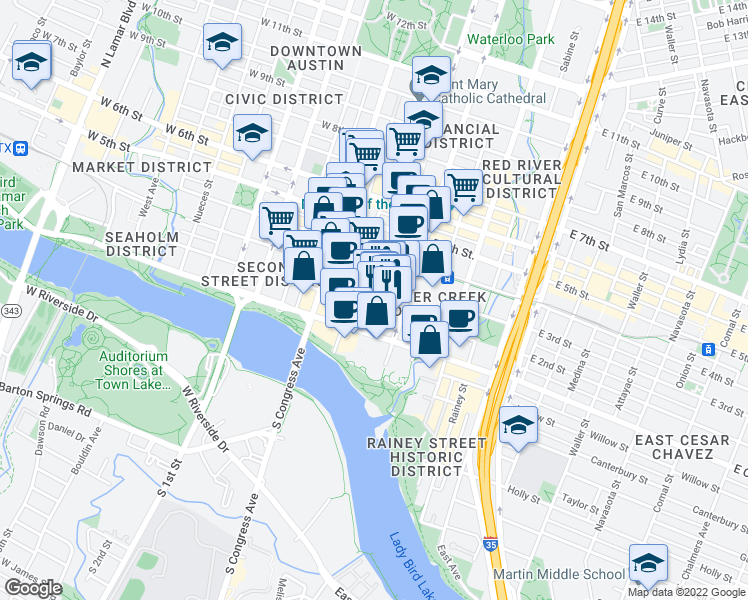 map of restaurants, bars, coffee shops, grocery stores, and more near 200 San Jacinto Boulevard in Austin