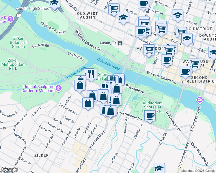 map of restaurants, bars, coffee shops, grocery stores, and more near 1510 Toomey Road in Austin
