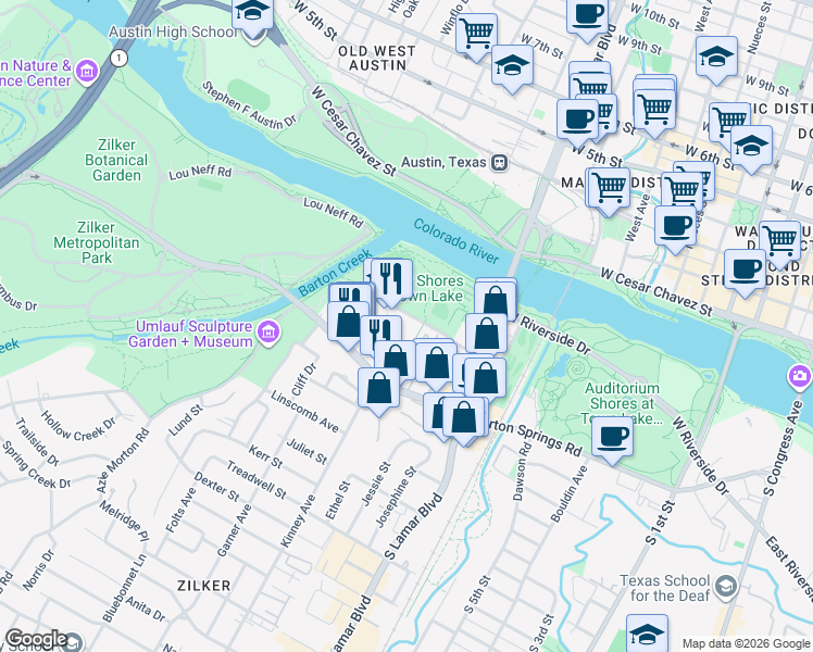map of restaurants, bars, coffee shops, grocery stores, and more near 1617 Toomey Road in Austin