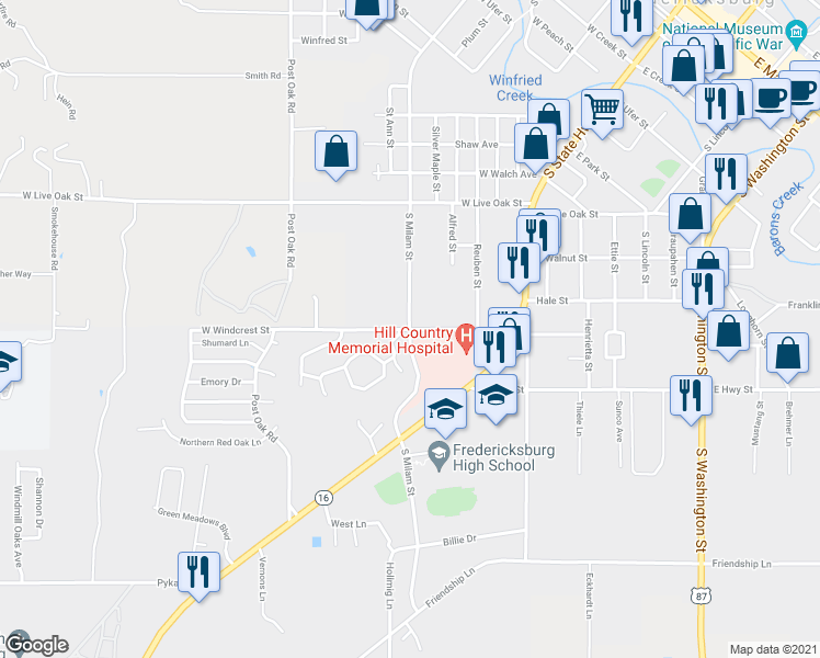map of restaurants, bars, coffee shops, grocery stores, and more near 286 W Windcrest St in Fredericksburg