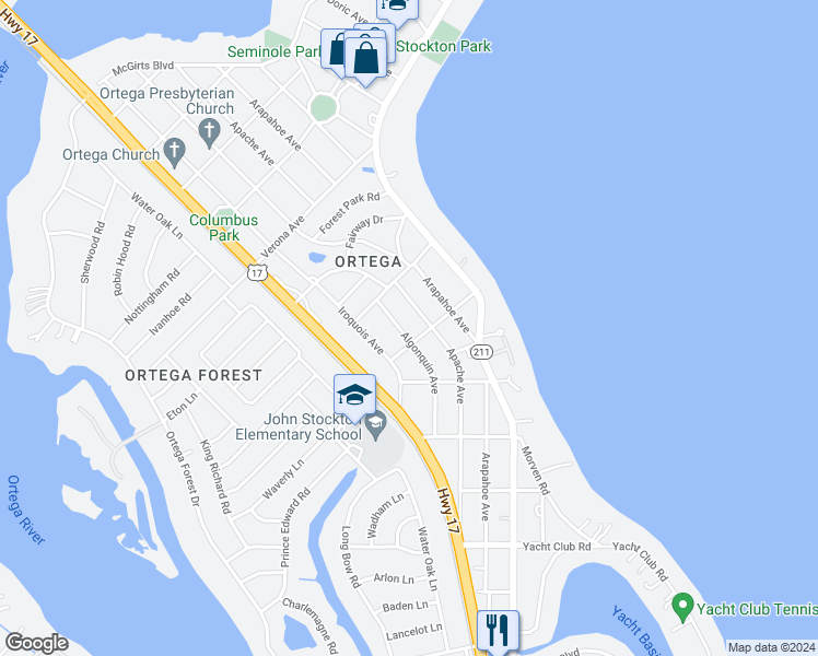 map of restaurants, bars, coffee shops, grocery stores, and more near 4651 Algonquin Avenue in Jacksonville