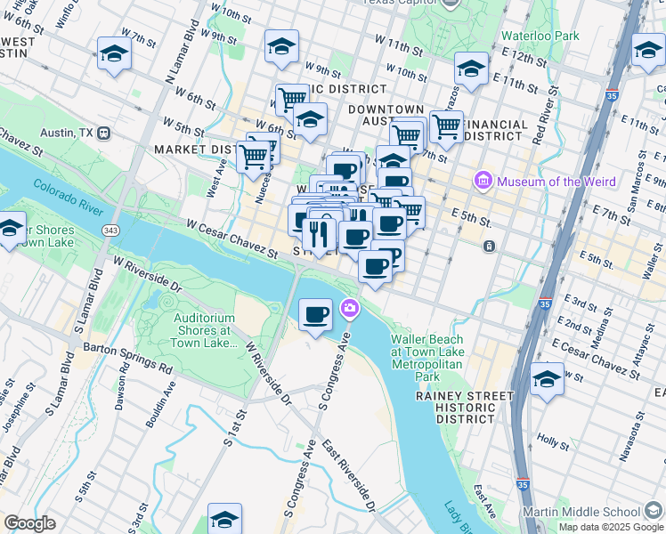map of restaurants, bars, coffee shops, grocery stores, and more near 100 Colorado Street in Austin