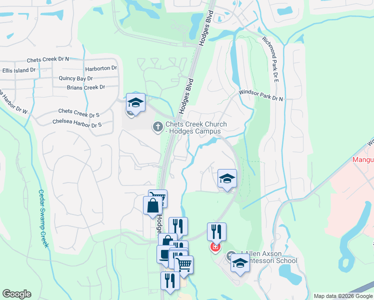 map of restaurants, bars, coffee shops, grocery stores, and more near 13700 Sutton Park Drive North in Jacksonville