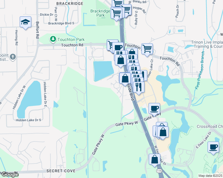 map of restaurants, bars, coffee shops, grocery stores, and more near Unnamed Road in Jacksonville