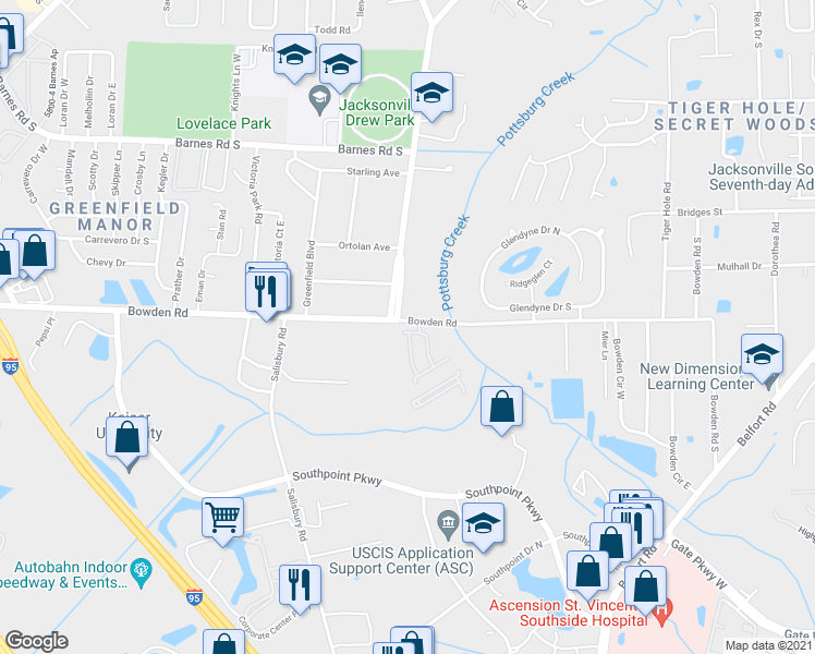 map of restaurants, bars, coffee shops, grocery stores, and more near 6661 Bowden Road in Jacksonville