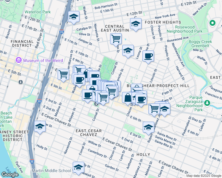 map of restaurants, bars, coffee shops, grocery stores, and more near 710 Concho Street in Austin