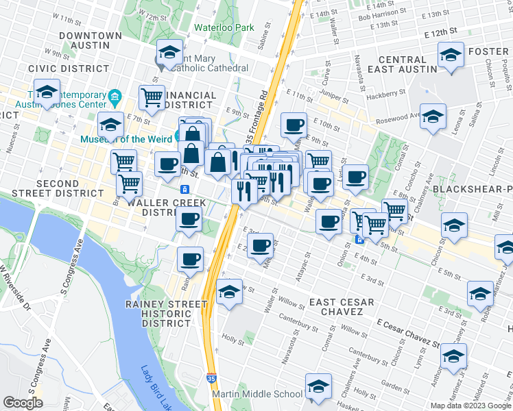 map of restaurants, bars, coffee shops, grocery stores, and more near 901 East 5th Street in Austin