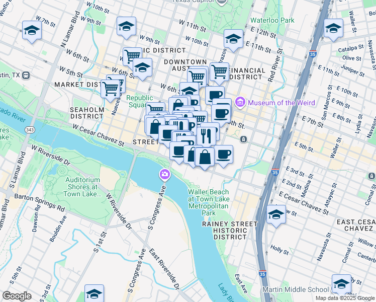 map of restaurants, bars, coffee shops, grocery stores, and more near 106 East 2nd Street in Austin