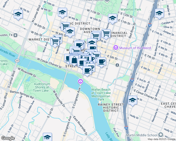 map of restaurants, bars, coffee shops, grocery stores, and more near 110 East Cesar Chavez Street in Austin
