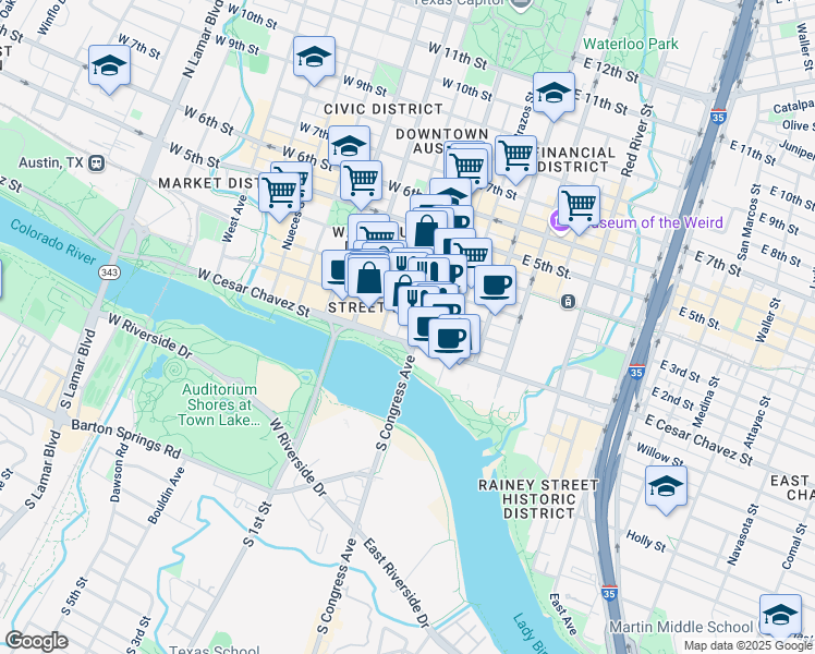 map of restaurants, bars, coffee shops, grocery stores, and more near 110 East Cesar Chavez Street in Austin
