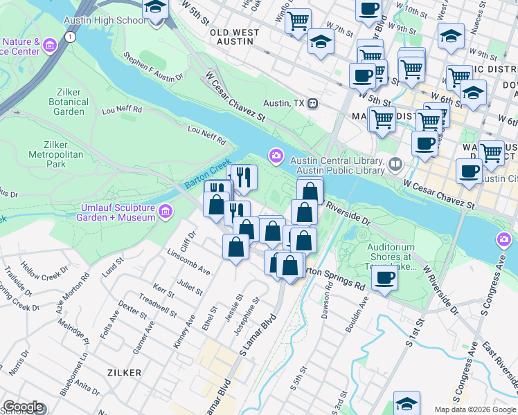 map of restaurants, bars, coffee shops, grocery stores, and more near 1617 Toomey Road in Austin