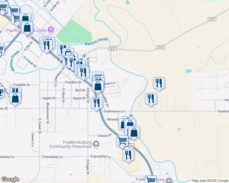 map of restaurants, bars, coffee shops, grocery stores, and more near 212 Forest Trail Drive in Fredericksburg