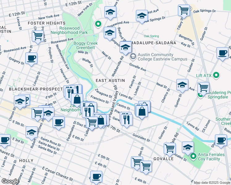map of restaurants, bars, coffee shops, grocery stores, and more near 807 Maude Street in Austin