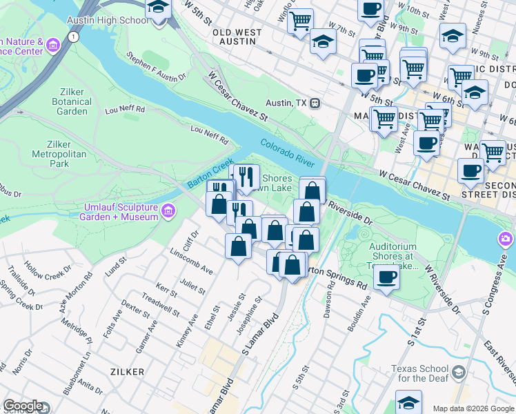 map of restaurants, bars, coffee shops, grocery stores, and more near 1617 Toomey Road in Austin