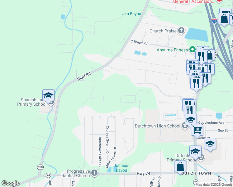 map of restaurants, bars, coffee shops, grocery stores, and more near 36192 Belle Parc Avenue in Geismar