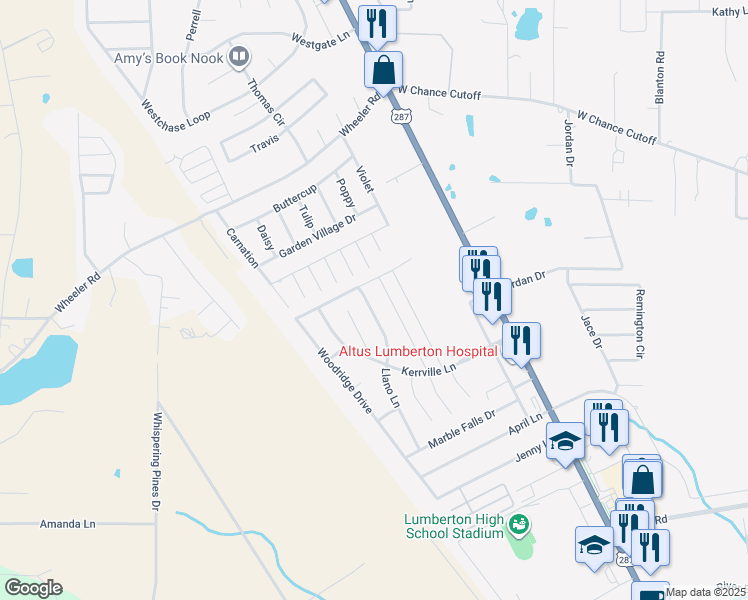map of restaurants, bars, coffee shops, grocery stores, and more near 6690 Llano Lane in Lumberton