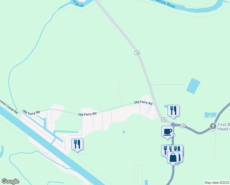 map of restaurants, bars, coffee shops, grocery stores, and more near 18501 Old Ferry Road in Maurepas