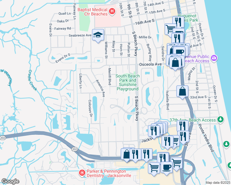 map of restaurants, bars, coffee shops, grocery stores, and more near 3228 Saint Johns Boulevard in Jacksonville Beach