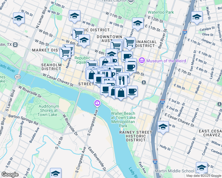 map of restaurants, bars, coffee shops, grocery stores, and more near 110 East 2nd Street in Austin