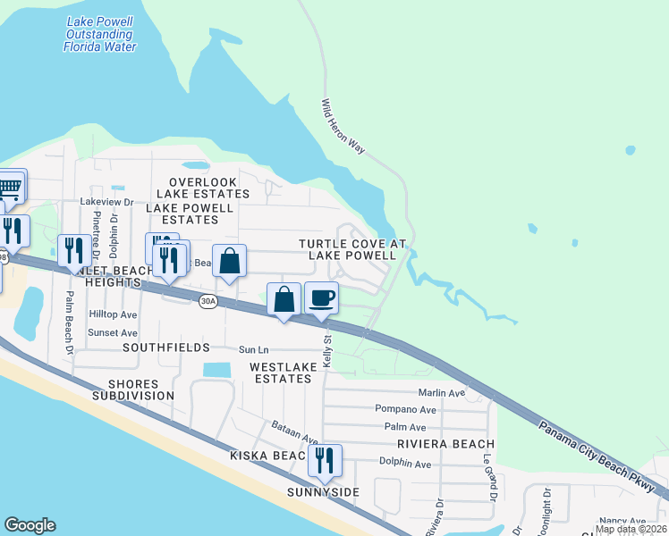 map of restaurants, bars, coffee shops, grocery stores, and more near 205 Terrapin Way in Panama City Beach