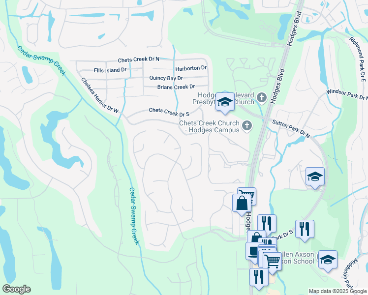 map of restaurants, bars, coffee shops, grocery stores, and more near 4407 Pebble Brook Drive in Jacksonville