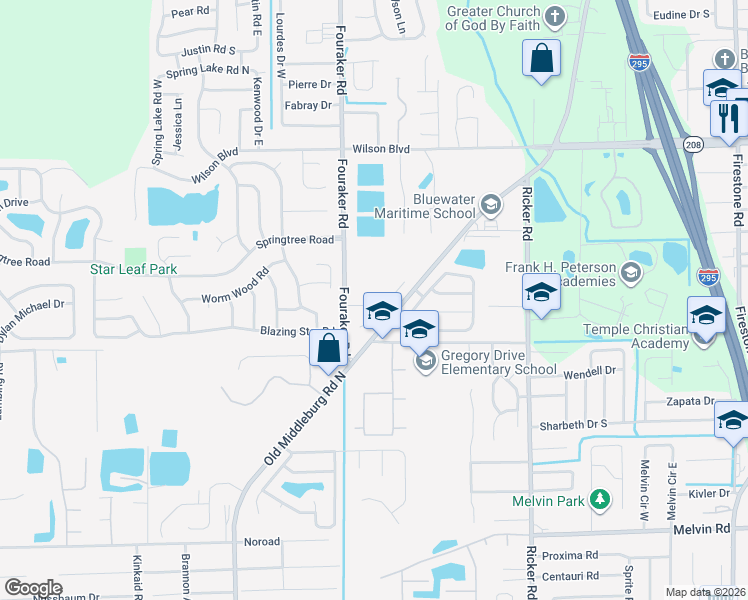 map of restaurants, bars, coffee shops, grocery stores, and more near 7905 Painted Oak Drive in Jacksonville