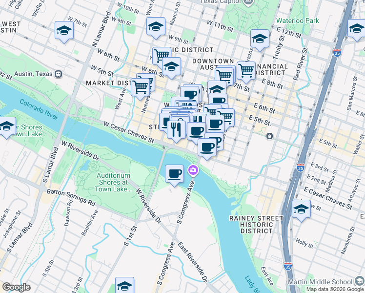 map of restaurants, bars, coffee shops, grocery stores, and more near 202 West Cesar Chavez Street in Austin