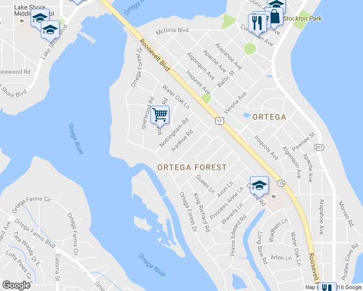 map of restaurants, bars, coffee shops, grocery stores, and more near 4682 Ivanhoe Road in Jacksonville