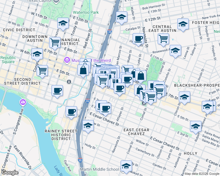 map of restaurants, bars, coffee shops, grocery stores, and more near 1000 East 5th Street in Austin