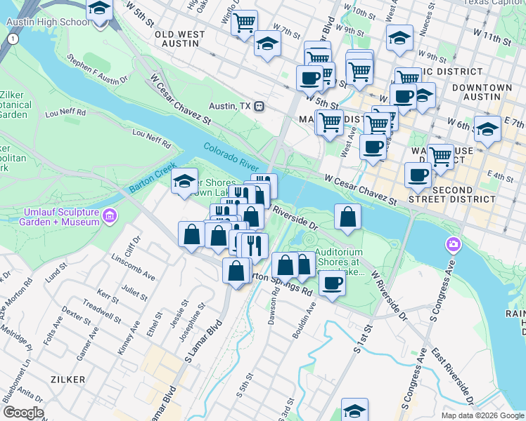 map of restaurants, bars, coffee shops, grocery stores, and more near 1211 West Riverside Drive in Austin
