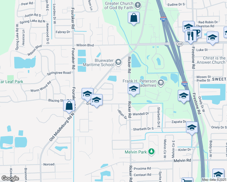 map of restaurants, bars, coffee shops, grocery stores, and more near 3931 Hunters Lake Circle East in Jacksonville
