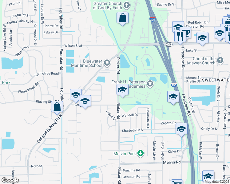 map of restaurants, bars, coffee shops, grocery stores, and more near 3948 Ricker Road in Jacksonville
