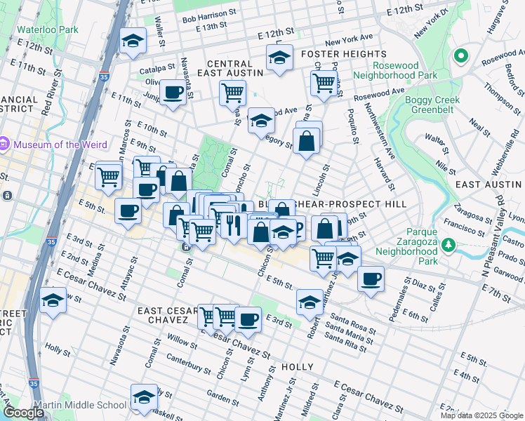 map of restaurants, bars, coffee shops, grocery stores, and more near 900 Chicon Street in Austin
