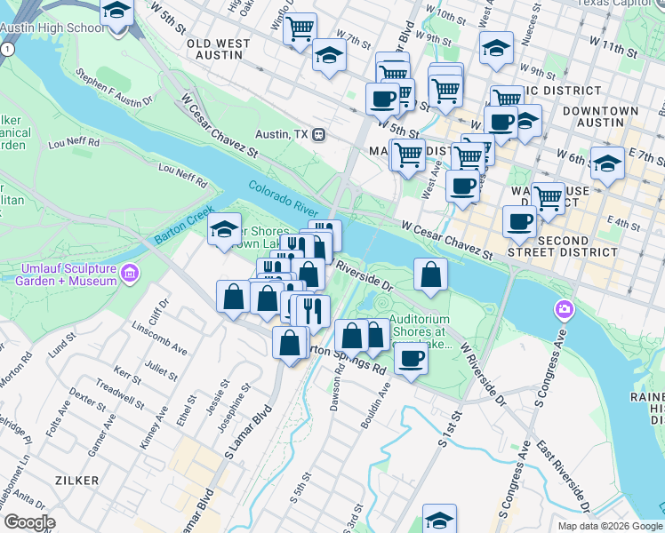 map of restaurants, bars, coffee shops, grocery stores, and more near 1211 West Riverside Drive in Austin