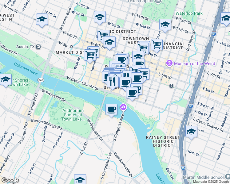 map of restaurants, bars, coffee shops, grocery stores, and more near 200 East Cesar Chavez Street in Austin