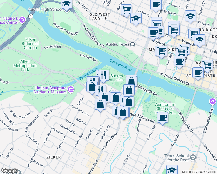 map of restaurants, bars, coffee shops, grocery stores, and more near 1617 Toomey Road in Austin