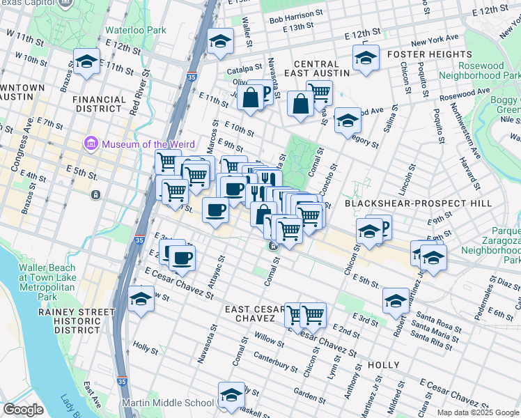 map of restaurants, bars, coffee shops, grocery stores, and more near Navasota Street in Austin