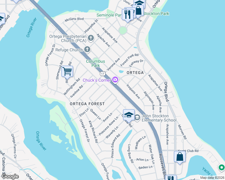 map of restaurants, bars, coffee shops, grocery stores, and more near 4525 Water Oak Lane in Jacksonville
