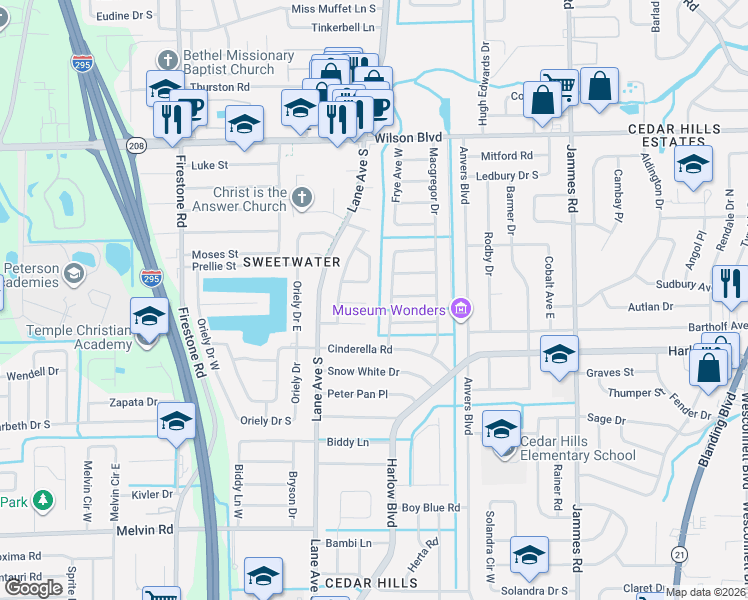 map of restaurants, bars, coffee shops, grocery stores, and more near 6801 Blanco Court in Jacksonville