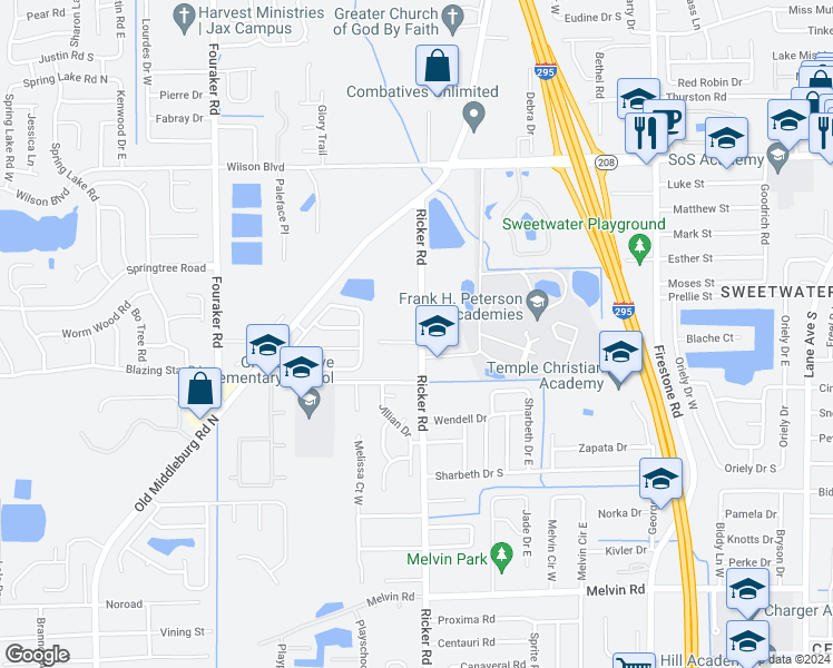 map of restaurants, bars, coffee shops, grocery stores, and more near 3948 Ricker Road in Jacksonville