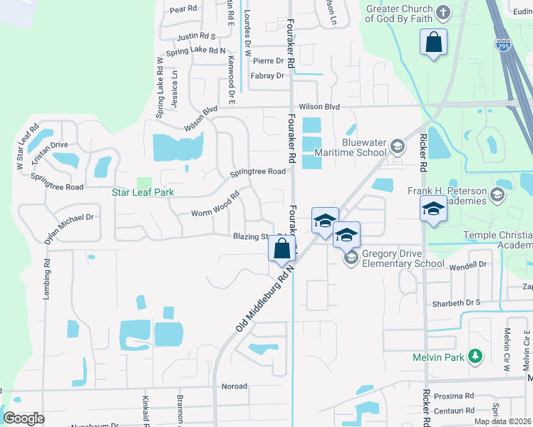 map of restaurants, bars, coffee shops, grocery stores, and more near 3923 Bramble Road in Jacksonville