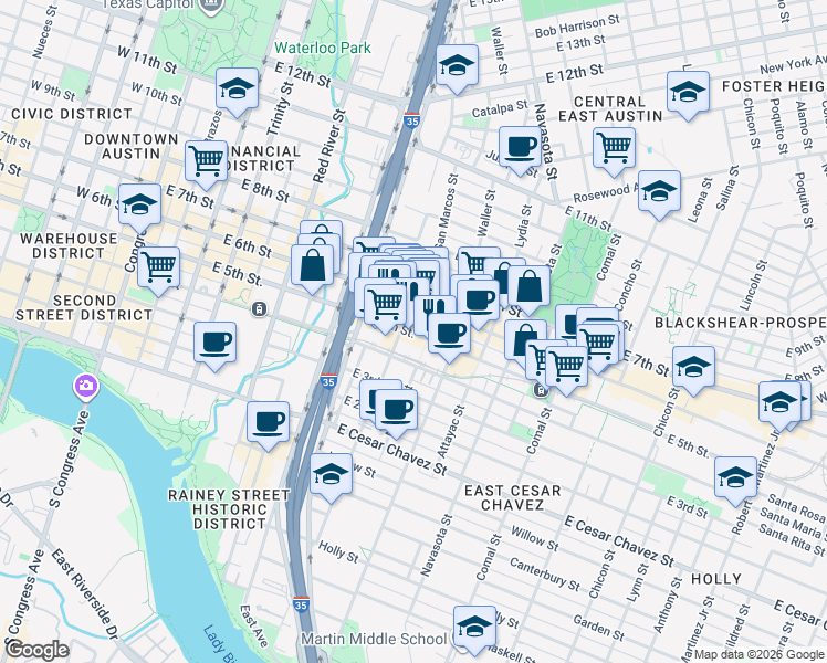 map of restaurants, bars, coffee shops, grocery stores, and more near 1000 East 5th Street in Austin