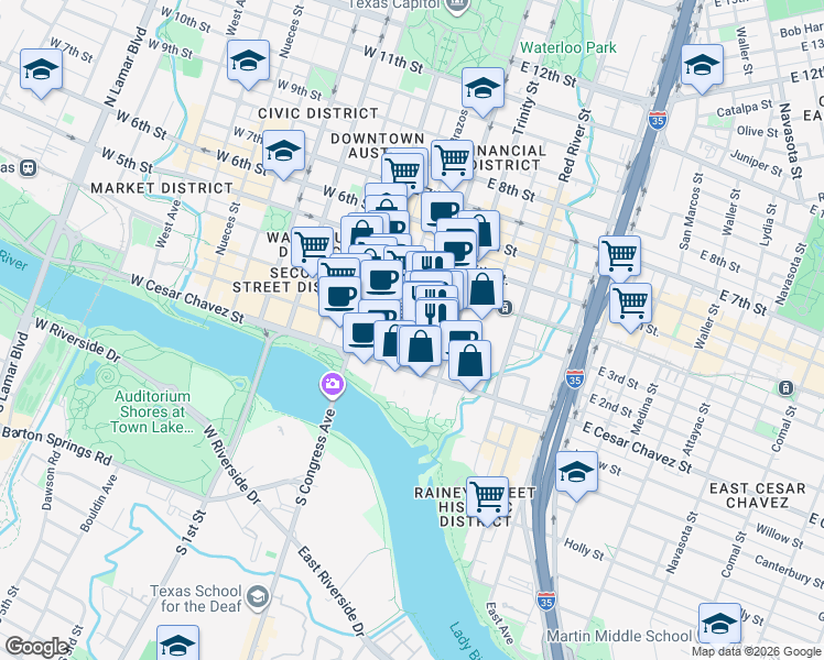 map of restaurants, bars, coffee shops, grocery stores, and more near 207 San Jacinto Boulevard in Austin