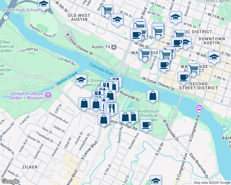 map of restaurants, bars, coffee shops, grocery stores, and more near 1211 West Riverside Drive in Austin