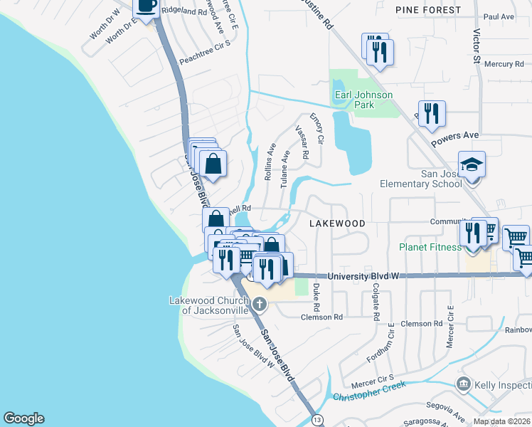 map of restaurants, bars, coffee shops, grocery stores, and more near 5405 Rollins Avenue in Jacksonville