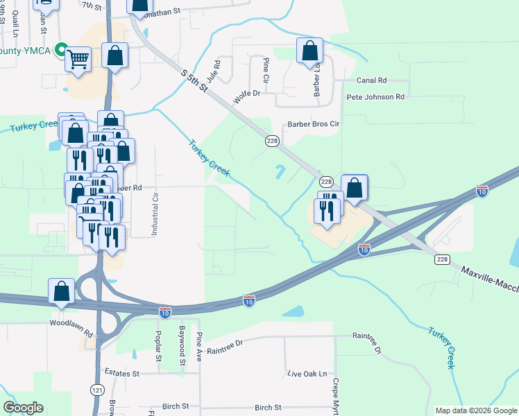 map of restaurants, bars, coffee shops, grocery stores, and more near 4451 Barber Road in Macclenny