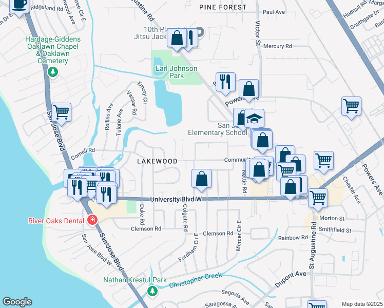 map of restaurants, bars, coffee shops, grocery stores, and more near 2411 Patsy Anne Drive in Jacksonville